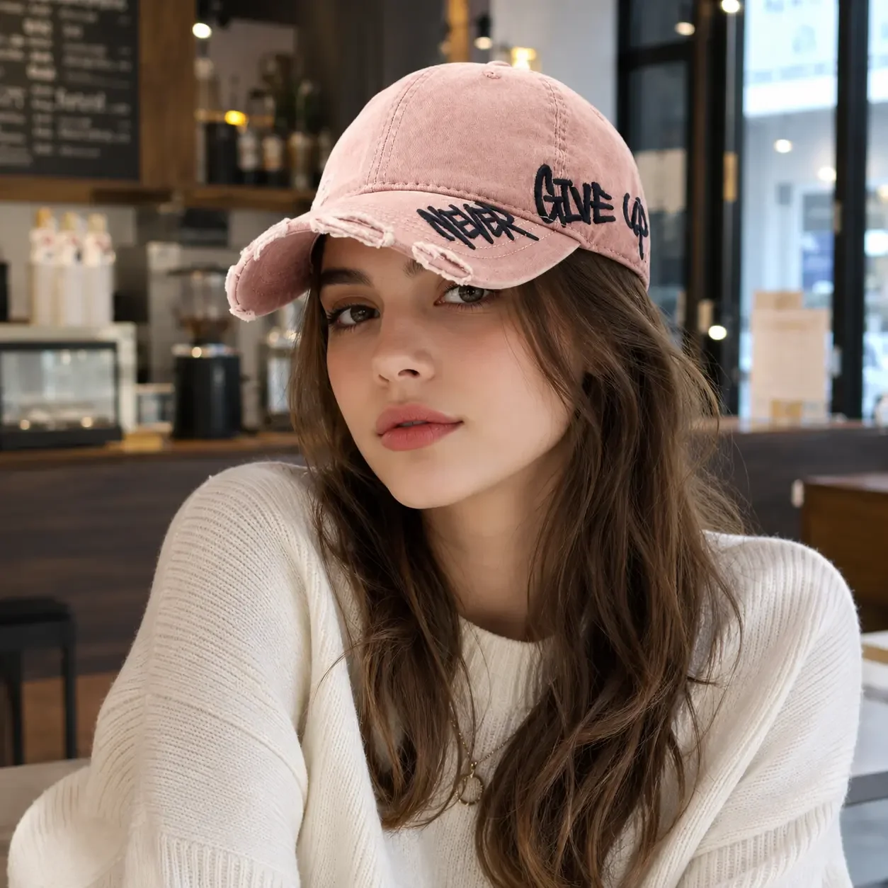 Unisex Baseball Cap Side Embroidery Letters Never Give Up Duckbill Curved Brim Distressed Edge Streetwear Hat