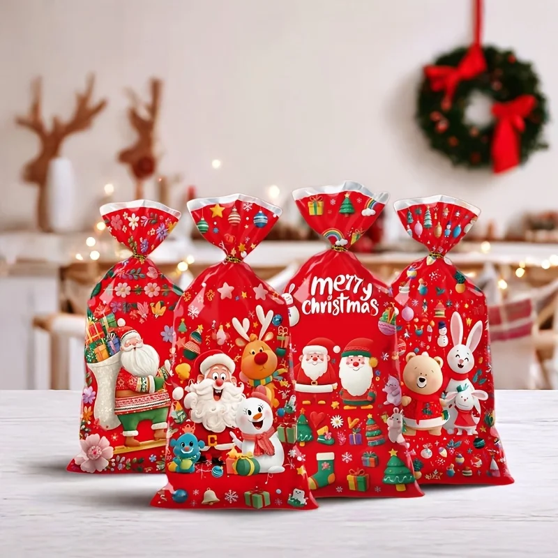 50/100pcs Red Christmas Gift Bags with Twist Ties - Cellophane Gift Bags Printed with Santa Claus, Reindeer, Snowflake Patterns
