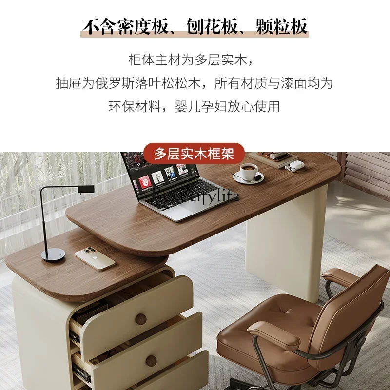yj9  Vintage Style Desk and Chest of Drawers Integrated Extendable Modern Minimalist Solid Wood Computer Desk Cream Style Workbe