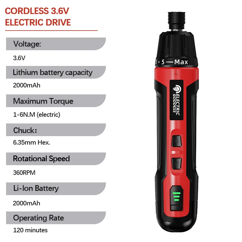 Electric Goddess 6-Speed Torque Cordless Electric Screwdriver 2000mAh Lithium Battery Drill 3.6V Household Repair Power Tool Set