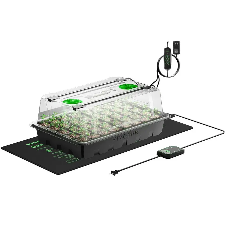

1Pack 40Cell Seed Starter Trays with 1 Set of LED Lights and 10x20.75 Seedling Heat Mat, 3.6 Higher Cover, Adjustable Vents, Dra