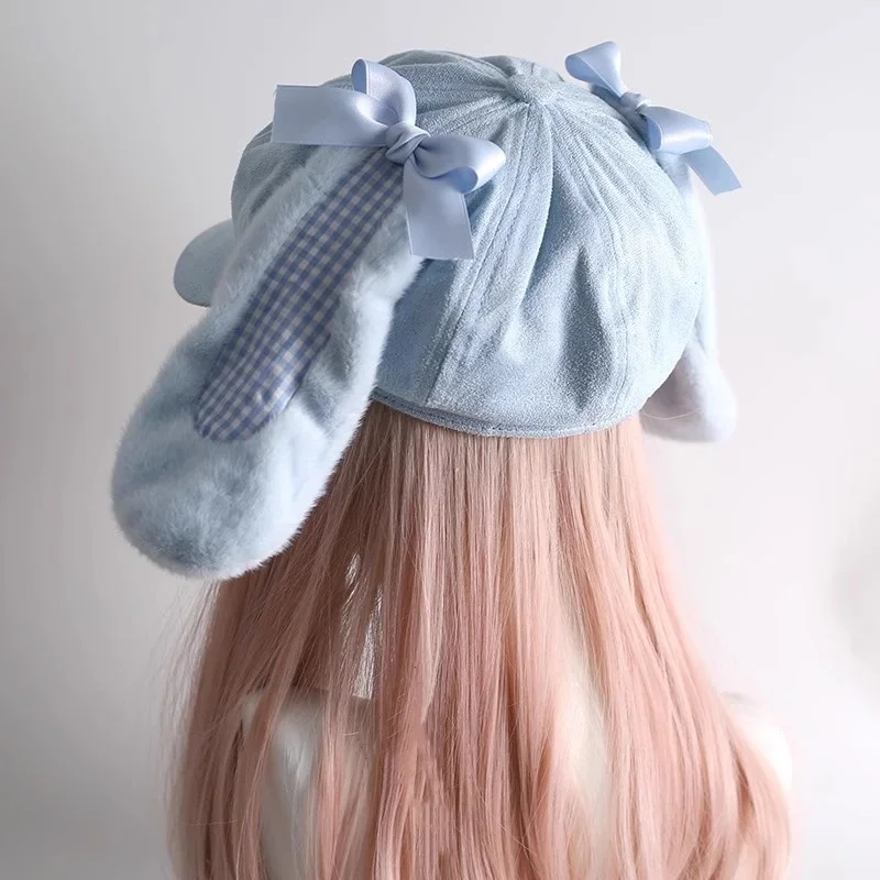 Japanese New Women Watercolor Plaid Rabbit Hat Harajuku Lolita Subculture Beret Y2K Punk Cute Decorative Girl Sun hats