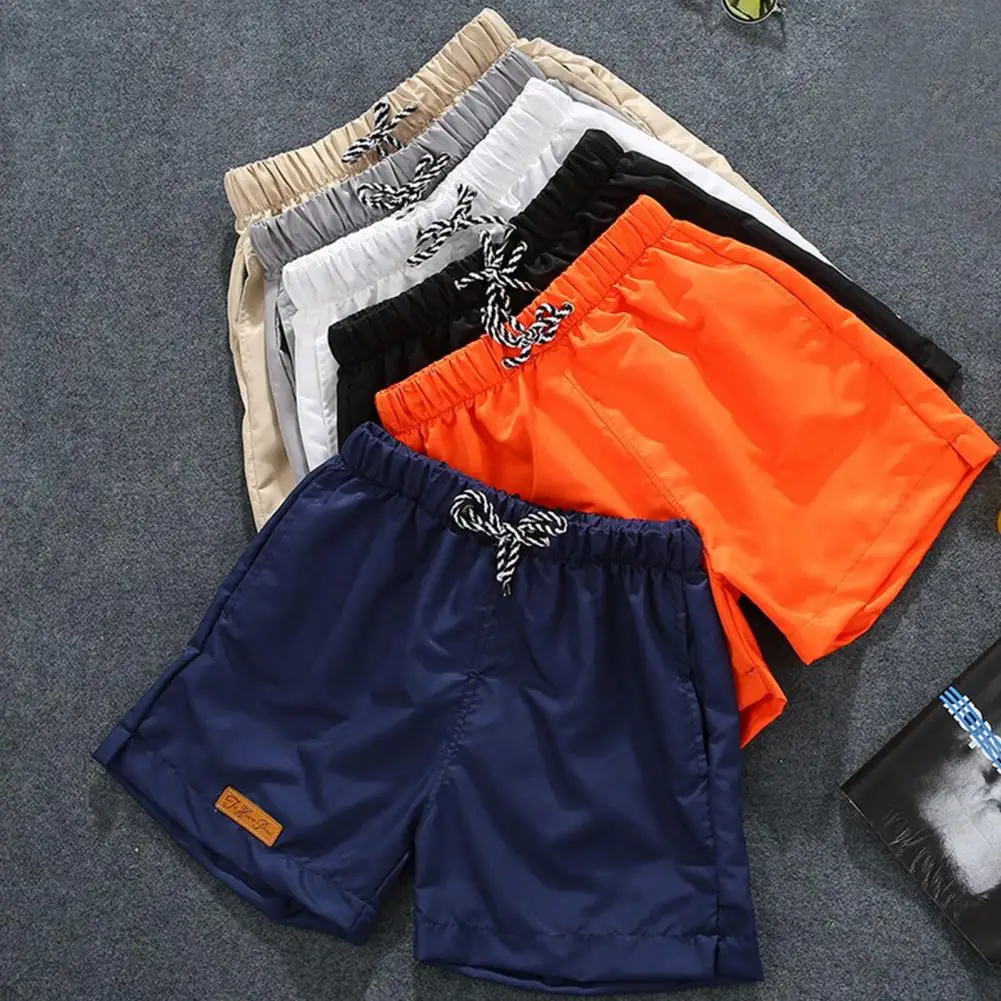 

Summer Beach Casual Shorts Men Elastic Waist Drawstring Pockets Wide Leg Shorts Logo Print Solid Color Shorts