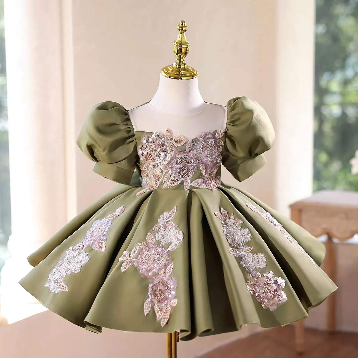 Dreamy Vow D107 Olive Green Satin Girl Dress Embroidery Children Wedding Birthday Party Festival Princess Knee-Length Prom Dress