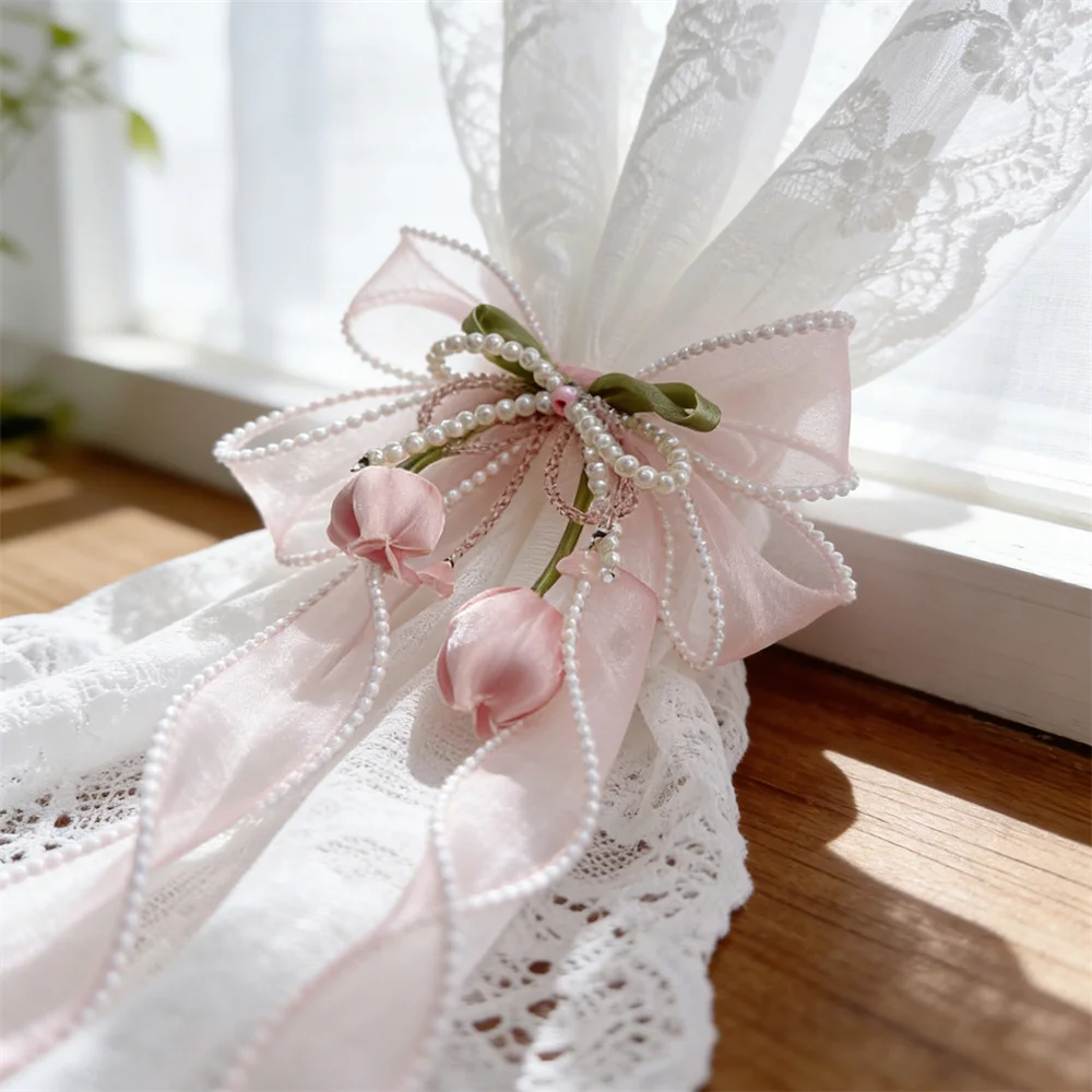 Pink Tulip Bow Curtain Tieback, Pearl Beaded Organza Curtain Holdback with Tassel for Wedding Bedroom Living Room Window Decor