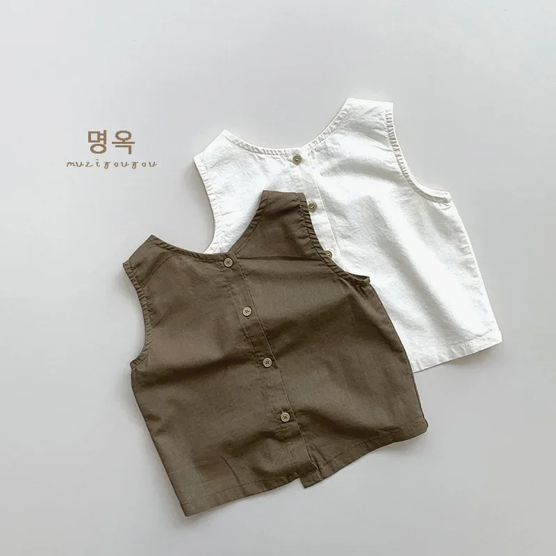 Kid Vest Top Japanese Style Children Ramie Cotton Vest Baby Boys and Girls Korean Style Retro Fashion Top Woven Children Wear