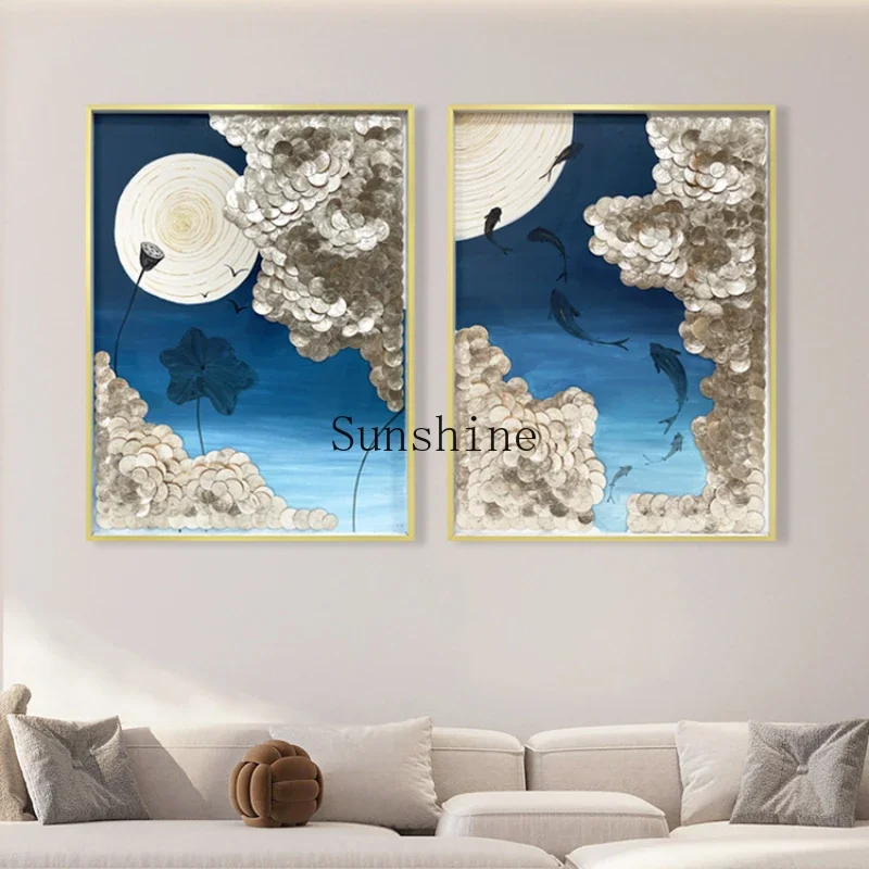 New Chinese hand-painted landscape oil painting lotus pond moonlight shell decorative painting