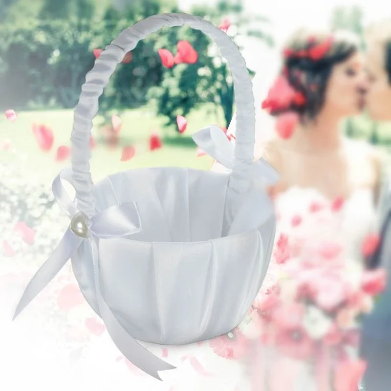 Cerimonia di nozze festa bianco perla singolo fiore ragazza cestini matrimonio raso Bowknot forniture romantico rustico cesto di nozze