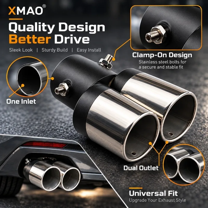 Universal Car Dual Exhaust Tip 2.5in Inlet Stainless Steel Black Silver Twin Outlet Bolt-On Tailpipe Trim Exhaust Accessory