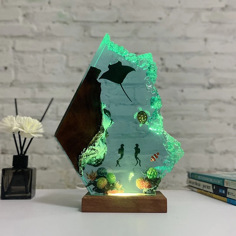 Ocean Organic Resin Lamp Creative Art Night Light Craft Undersea Landscape Decoration Table Lamp USB Charging