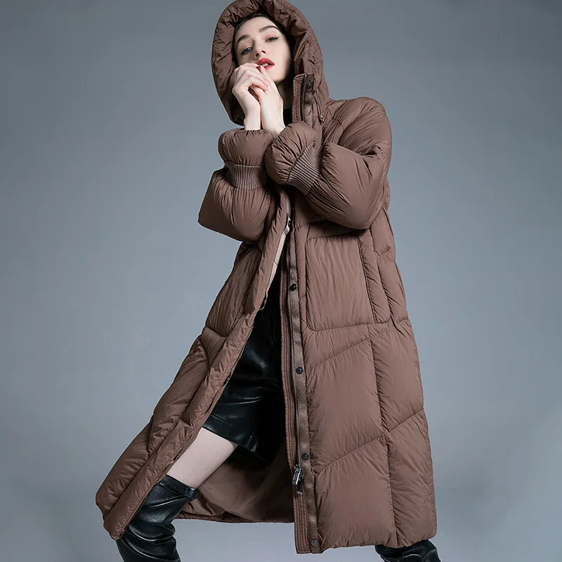 Luxury Design Women's Apparel Winter New 90% White Duck Down Thicken Hooded Oversized Fashion Slim-Fit Long Down Coat for Women