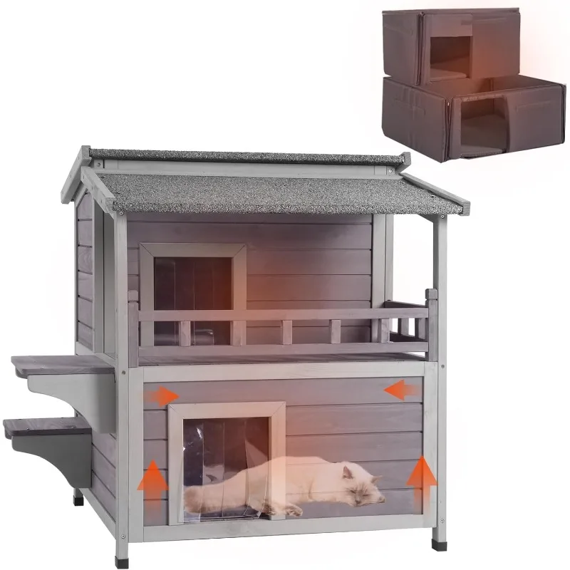 Outdoor Cat House,Weatherproof Cats Shelter for Winter with Foam Heated Liner,Outside 2 Story Pet House,Kitten Cage