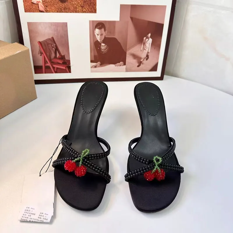 TRAF Cherry Decorate Black High Heel Slippers Women Round Head Open Toe Slingback Stilettos Sweet Pump Sandals Shoe For Woman