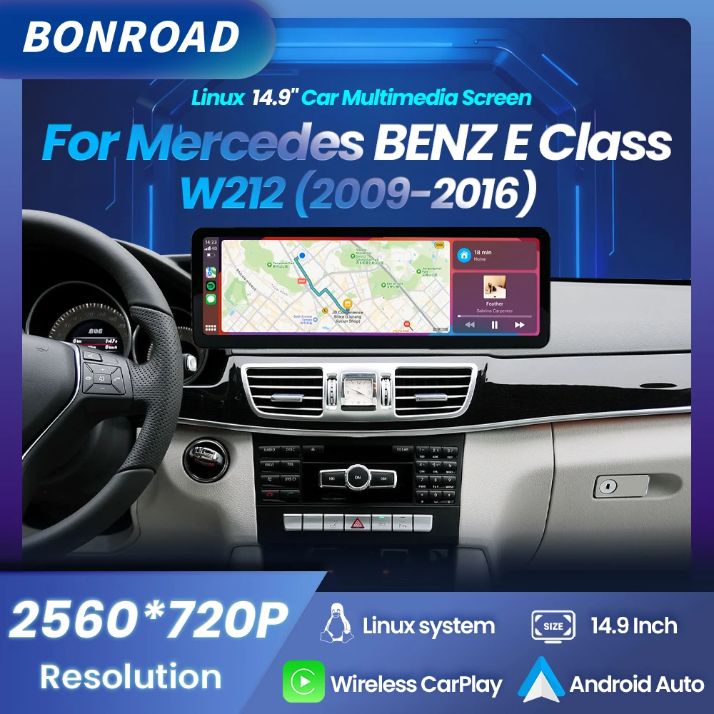 BONROAD Linux 14.9" 2560*720P Autoradio Lecteur multimédia avec écran tactile sans fil CarPlay Android Auto pour Mercedes-Benz Classe E W212 NTG4.0/4.5/5.0 Système 2009-2016 Bluetooth 5.0 Navigation GPS