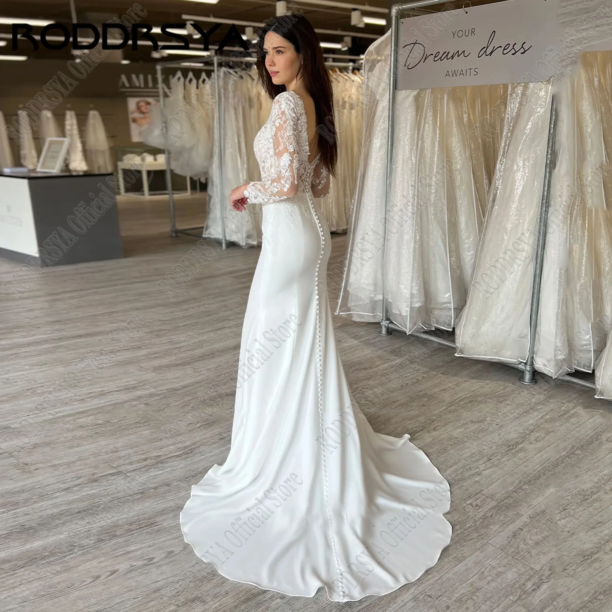 RODDRSYA abito da sposa in raso a sirena donna maniche lunghe Applique abito da sposa in pizzo con scollo a v abiti da sposa eleganti Vestidos De NoviaRODRSYA Sirena Raso Abito Da Sposa Donne Maniche Lunghe Applique Ab