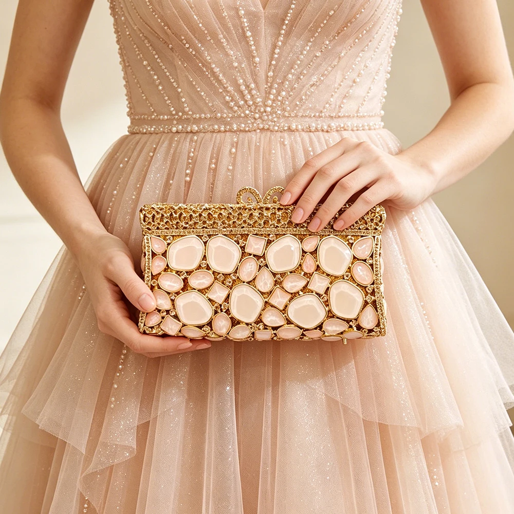 Bolsos de Noche Grandes en Dorado/Verde con Piedras, Bolsos de Metal Duro para Mujer, Clutch Formal de Cristal para Boda, Cartera de Diamantes para Dama, Bolso de Noche para Cena o Banquete
