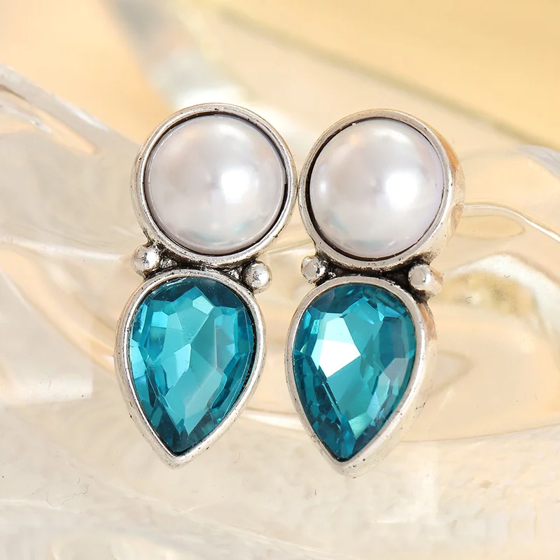 Blaue, wassertropfenförmige Hängeohrringe für Damen mit Zirkon- und Imitationsperlenbesatz, frischer Stil, modisches Schmuckzubehör
