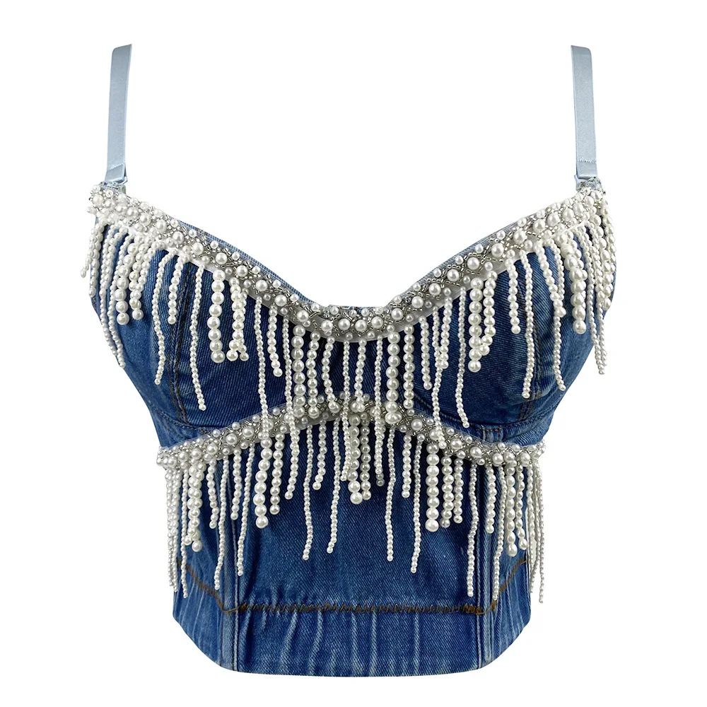 Fashion Denim Tank Tops for Women Bustier Bra Sexy Backless Cropped Top Camis Pearl Fringe Luxury Stage Clothing Party Club Vest