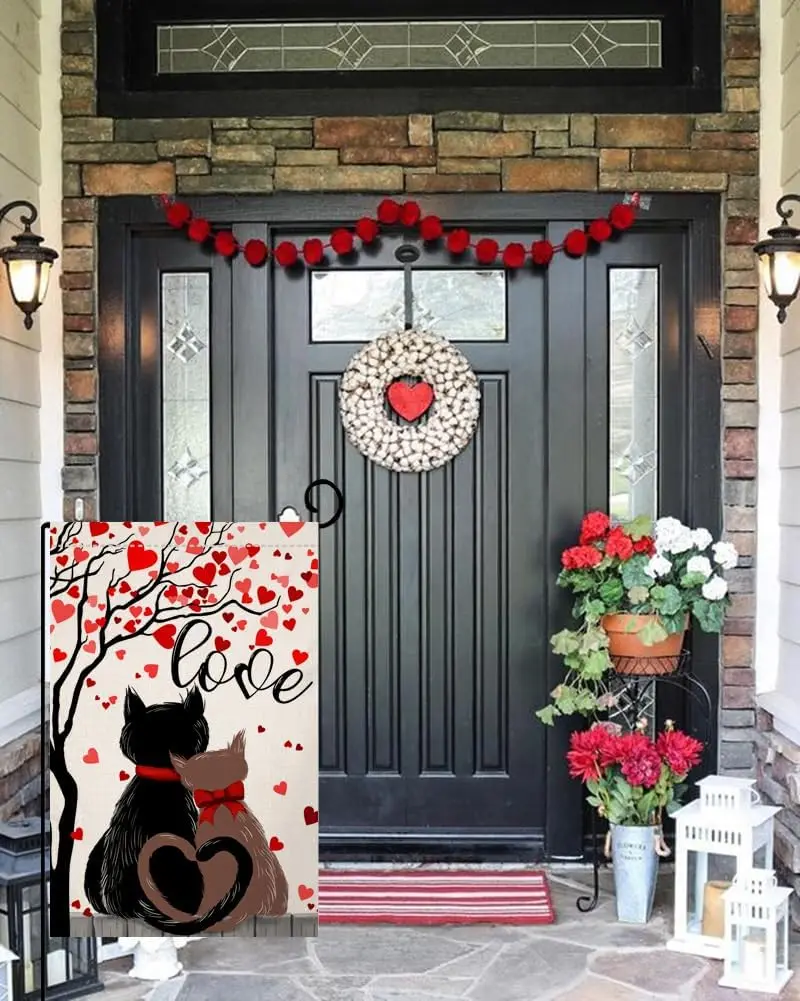 BLKWHT Valentines Cats Garden Flag 12x18 Vertical Double Sided Red Love Tree Spring Farmhouse Holiday Outside Decorations Burlap