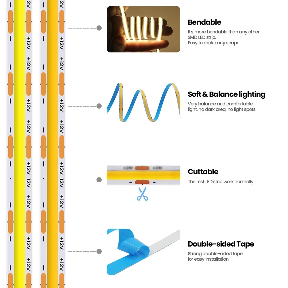 12V Tuya Smart Life WiFi COB LED Strip 1m 2m 3m 4m 5m White/Warm White Dimmable COB LED Strip Light Work with Alexa Google Home