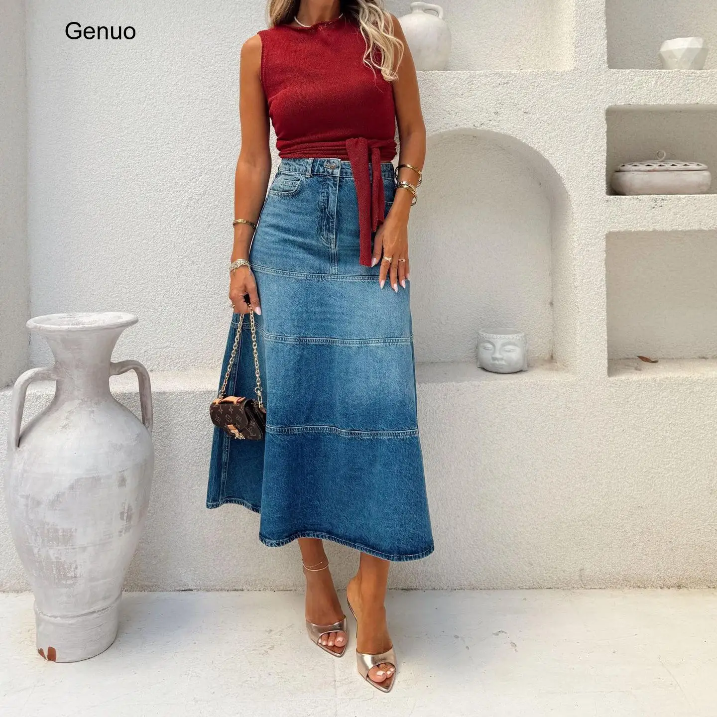 2026 Vintage High Waist A Line Denim Maxi Skirt Tiered Jean Skirt for Western Style