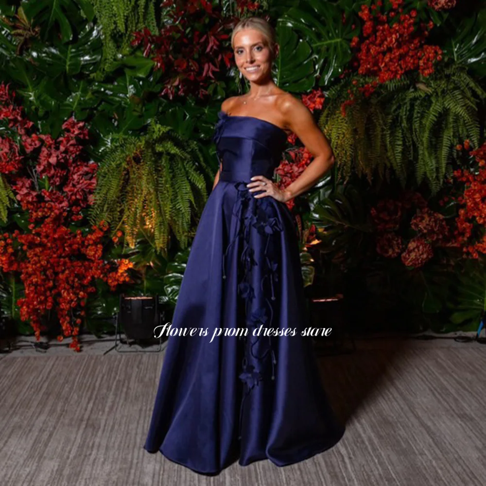 

Flowers Navy Evening Dress 3D Flowers Party Dress with Pockets A Line Prom Dress Elegant robes de soiree for Princess Customized