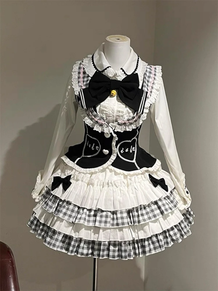 

Japanese College Style Sweet Lolita 3 Piece Set Girl Long Sleeve Shirt Stitching Vest Plaid Cake Skirt New Fashion JK Cos Outfit
