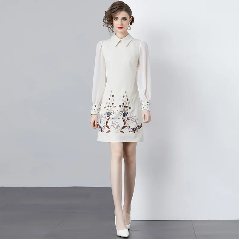 ใหม่แฟชั่นผู้หญิงฤดูใบไม้ผลิฤดูร้อนเย็บปักถักร้อยดอกไม้แขนยาวชุด Office Lady Elegant Turndown COLLAR Dresses