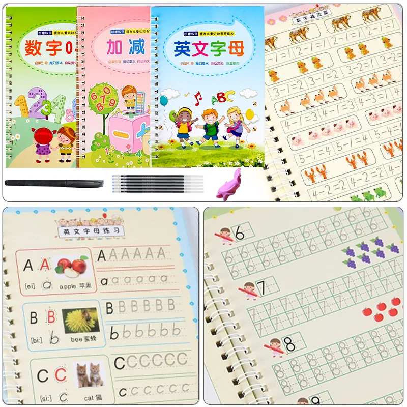 Cuadernos de Ejercicios de Escritura, Cuaderno de Práctica Mágica con Ranuras en Inglés, Libro Infantil para Aprender Números, Letras, Alfabeto, Caligrafía, Regalo