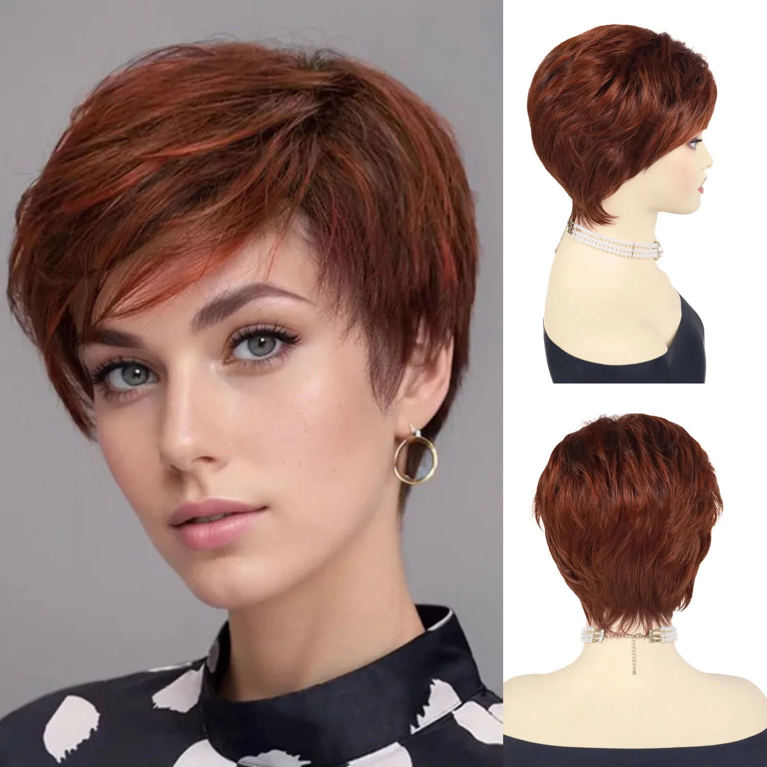 

Synthetic Pixie Cut Hairstyle Wig for Women Short Red Wigs with Bangs Daily Costume Mommy Wig Natural Wavy Wig Heat Resistant