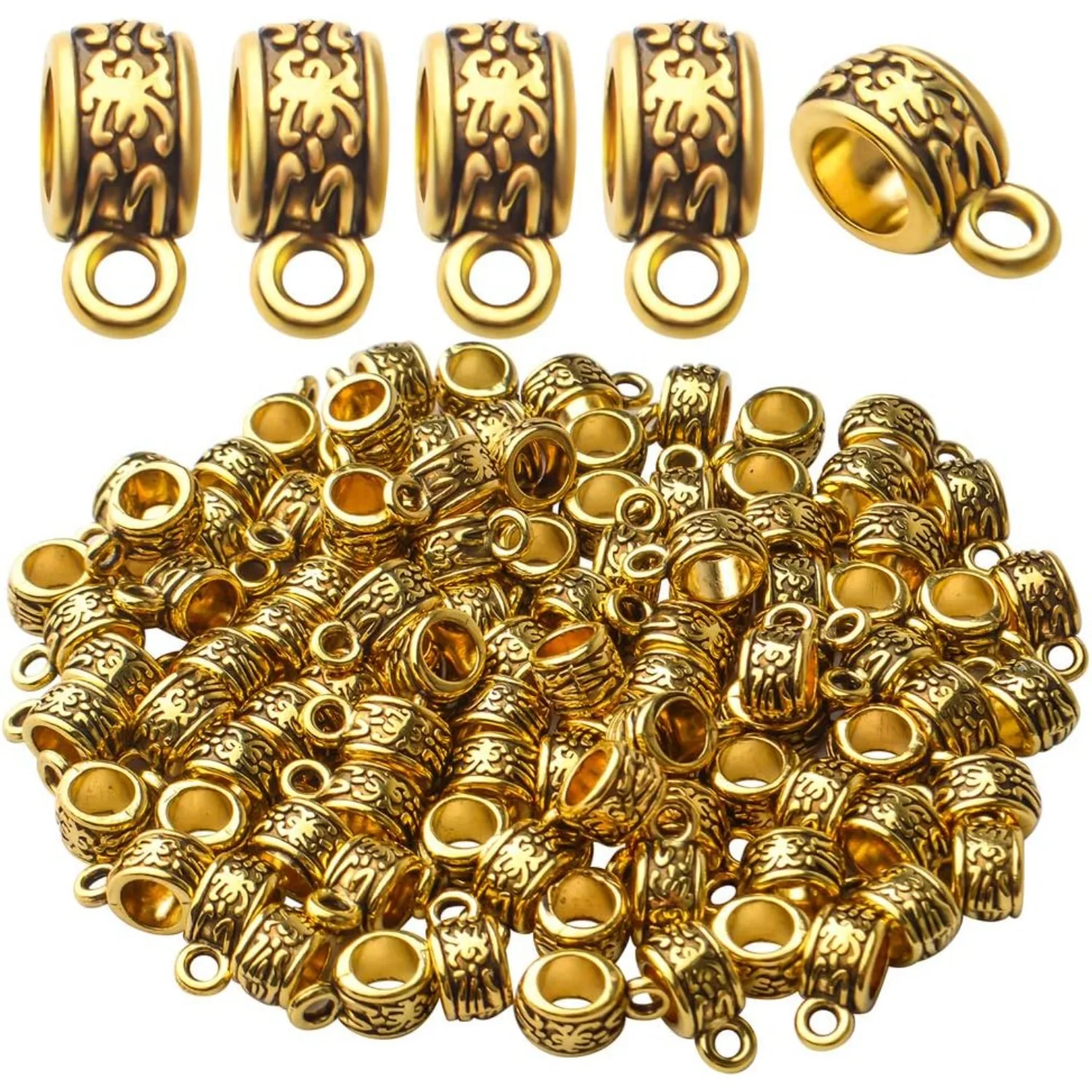 

100pcs Antique Gold Tibetan Pattern Bail Tube Beads for European Charm Bracelet DIY Jewelry Making