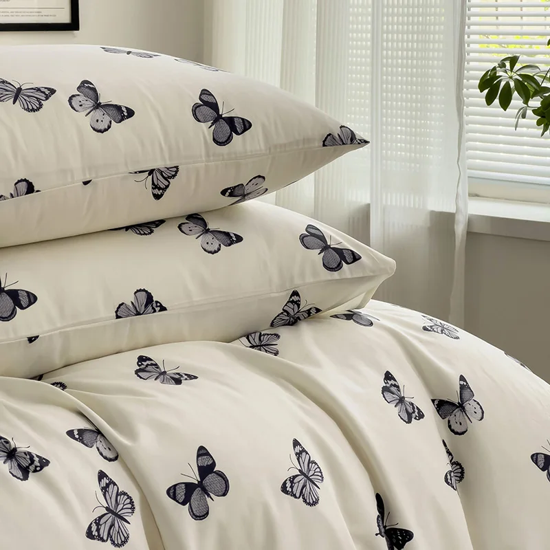 3pcs 100% Cotton Duvet Cover Set (1*Duvet Cover + 2*Pillowcase, Without Core), black butterfly Bedding Set, Soft Comfortable