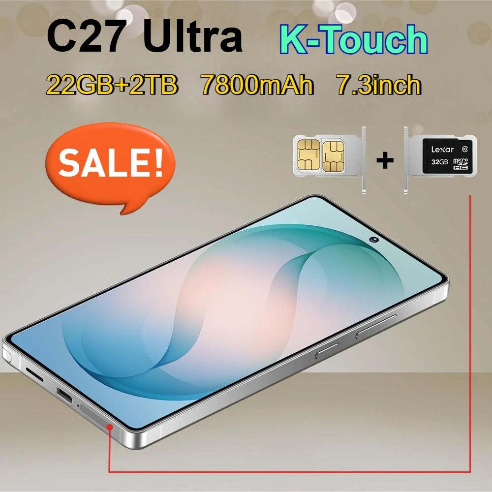 Smartphone K-Touch C27 Ultra, fotocamera da 16+48MP, batteria da 7800mAh, display da 7,3 pollici, 22GB+2TB, Face ID, sbloccato, 5G, Dual SIM, Android 15.