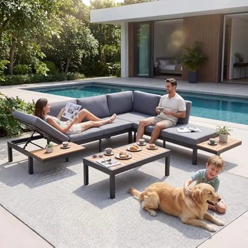 Weatherproof modular patio seating system featuring six adaptable units with reclining functionality two detachable side surface