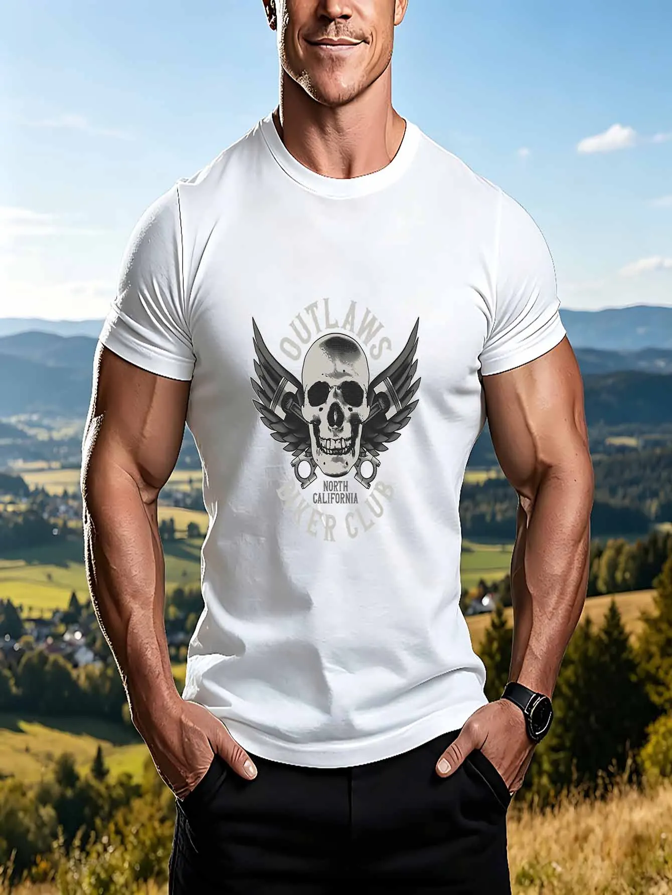 

Outlaws Biker Club Graphic Men's Summer Cotton TShirt Vintage & Streetwear Style Round Neck Short Sleeve Slight Stretch