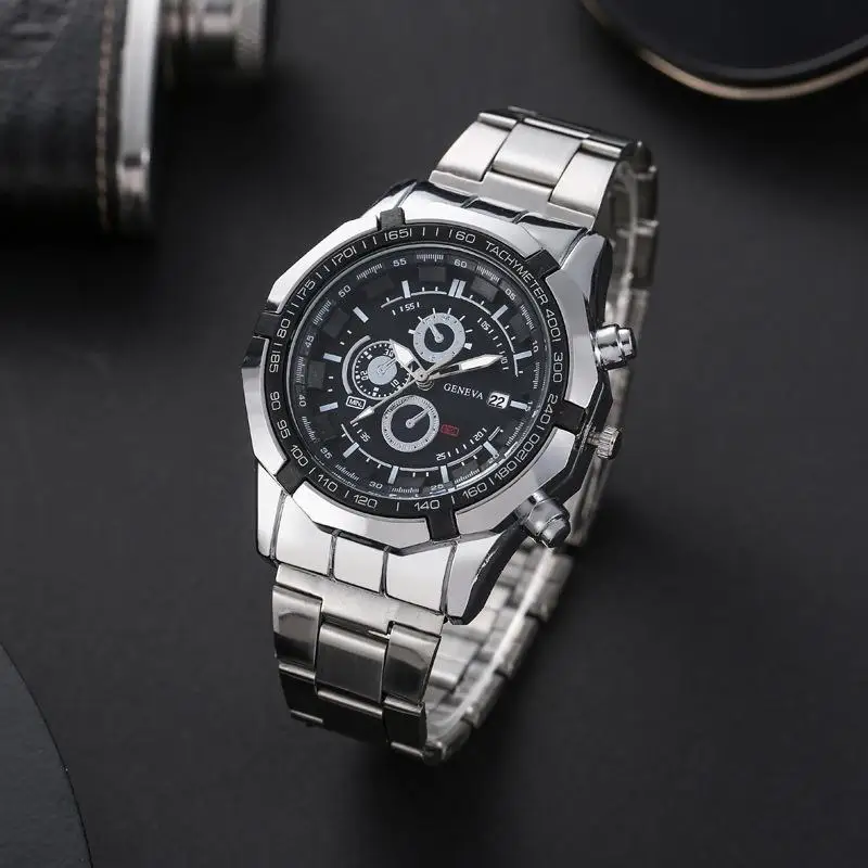 New live hot sale men's steel band set watch fashion three eyes calendar men's watch 3pcs quartz waterproof watch