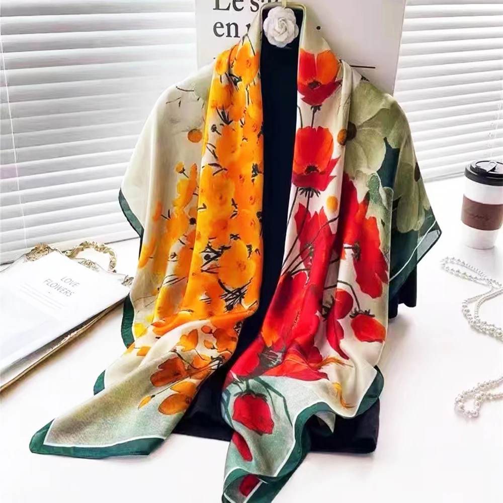 Green Red Women Natural Silk Scarf Shawl Printed Fashion Luxury 100% Pure Silk Long Scarves Elegant Floral Silk Neck Scarf Cape