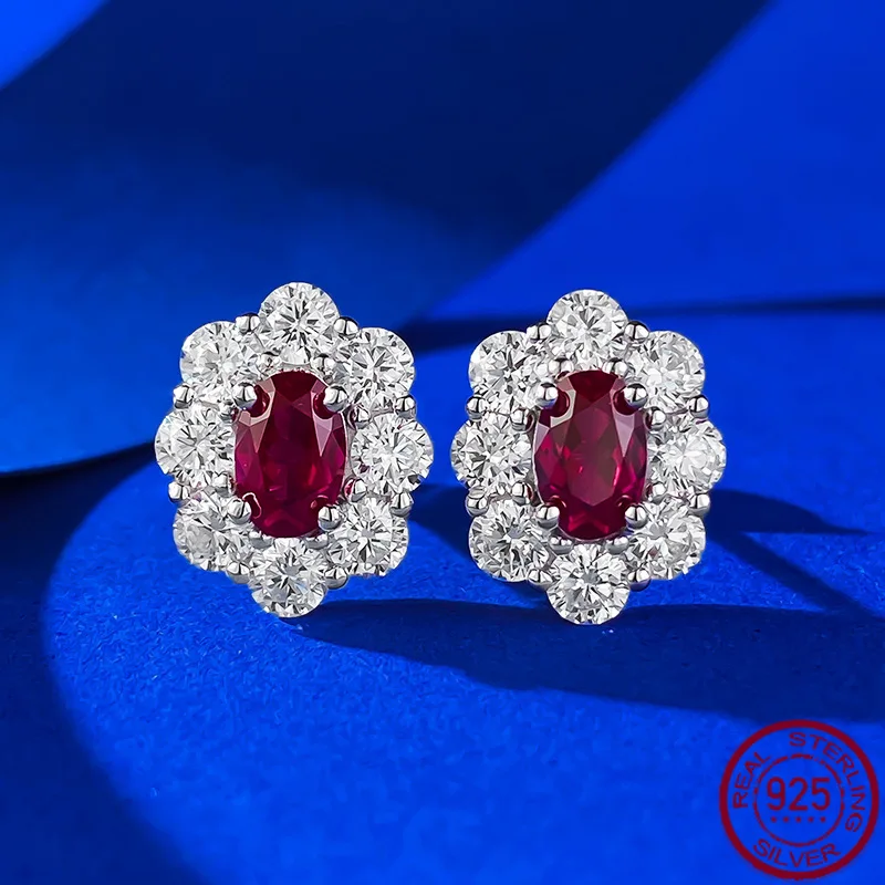

New S925 Silver Dove Blood Red 4 * 6mm Elliptical Red Corundum Earnail Style Fashion Daily Earrings Wedding Jewelry