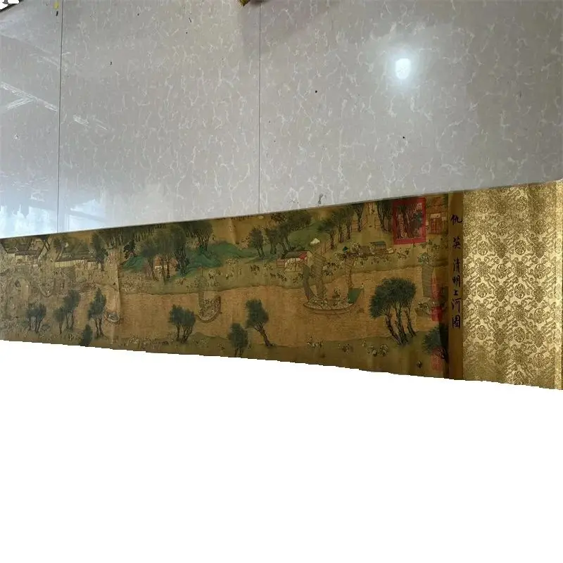 

China Old long Scroll Painting ,Qiu Ying's Watercolor Painting of Along the River during Qingming Festival collectibles