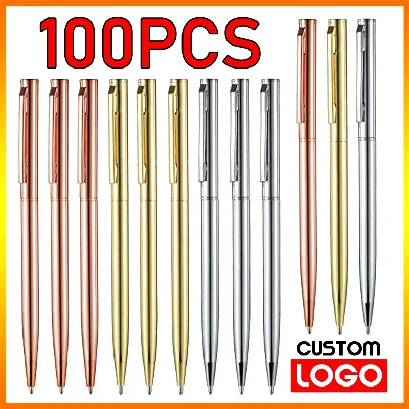 100pcs Metal Ballpoint Pen Rose Gold Pen Custom Logo School&office Supplies Stationery Business Gift Lettering Engraved Name