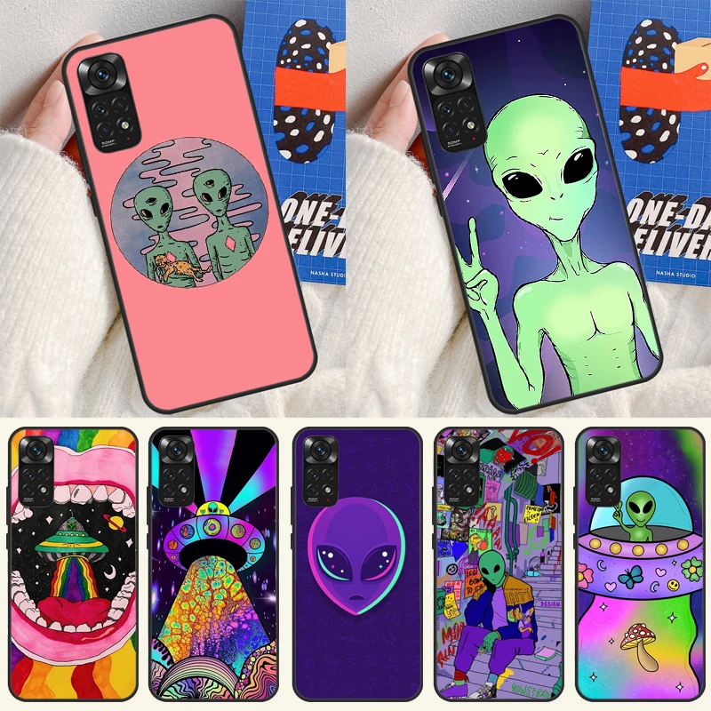 Aesthetics Cartoon Alien Space Case For Xiaomi Redmi Note 8 9 10 11 Pro 8T 9S 10S 11S Redmi K50 K40 Gaming 9A 9C 9T 10C