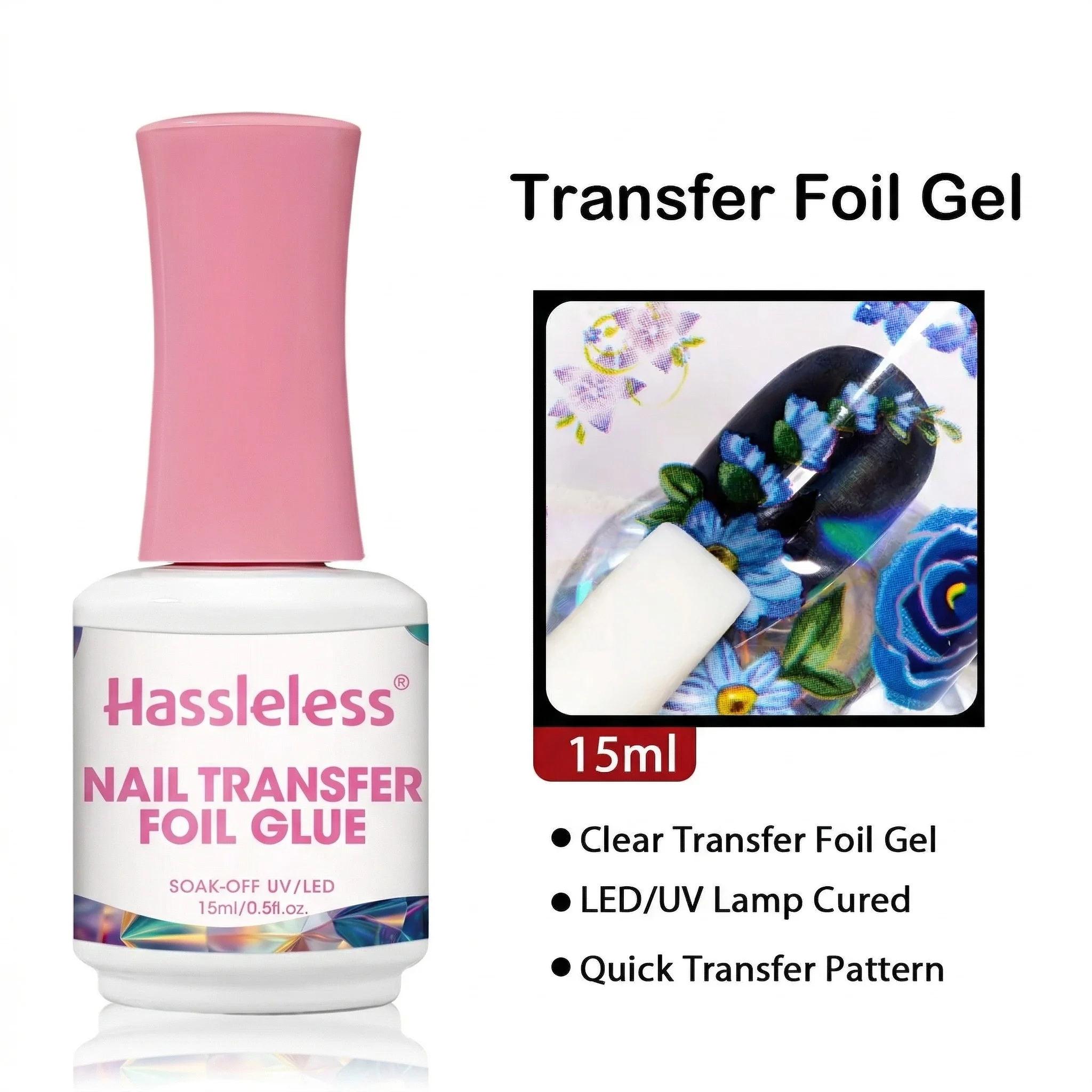 Hassleless 15ml Transfer Foil Nail Gel — Specifically Formulated for Foil Adhesion, Soak-Off Formula, Stylish Nail Designs