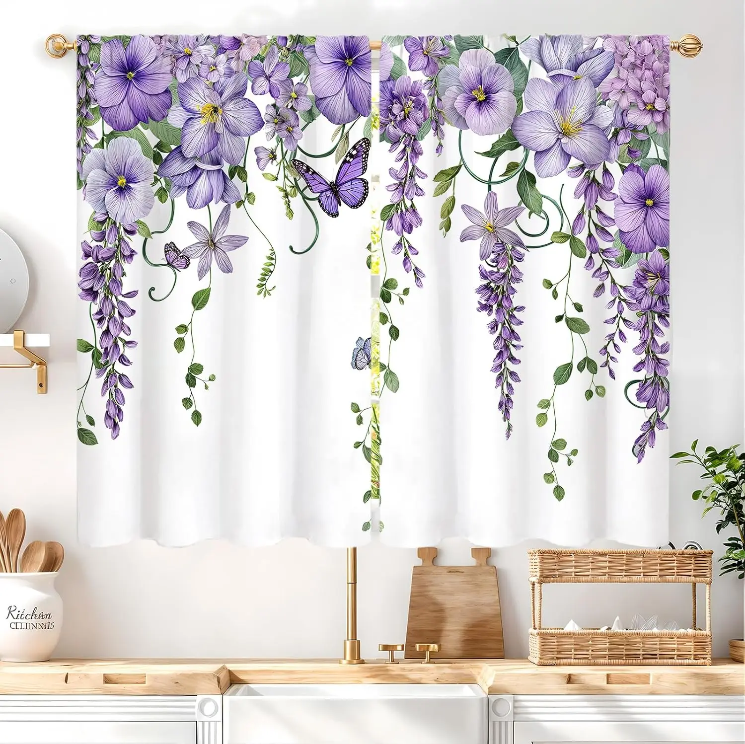 Purple Floral Butterfly Lavender Kitchen Curtains Rod Pocket Spring Lilac Flower Summer Small Short Cafe Tier Curtain Bathroom