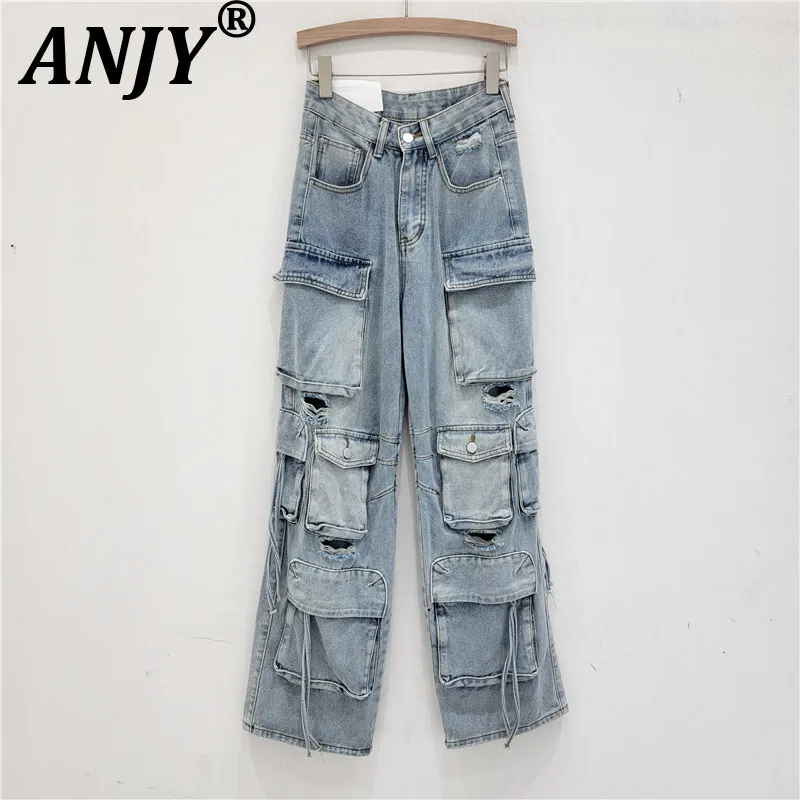 

ANJY Autumn New Women Chic Cargo Jeans Multi-pocket Ripped Straight Safari Style High Street Trendy Casual Y2K Denim Pants A9395