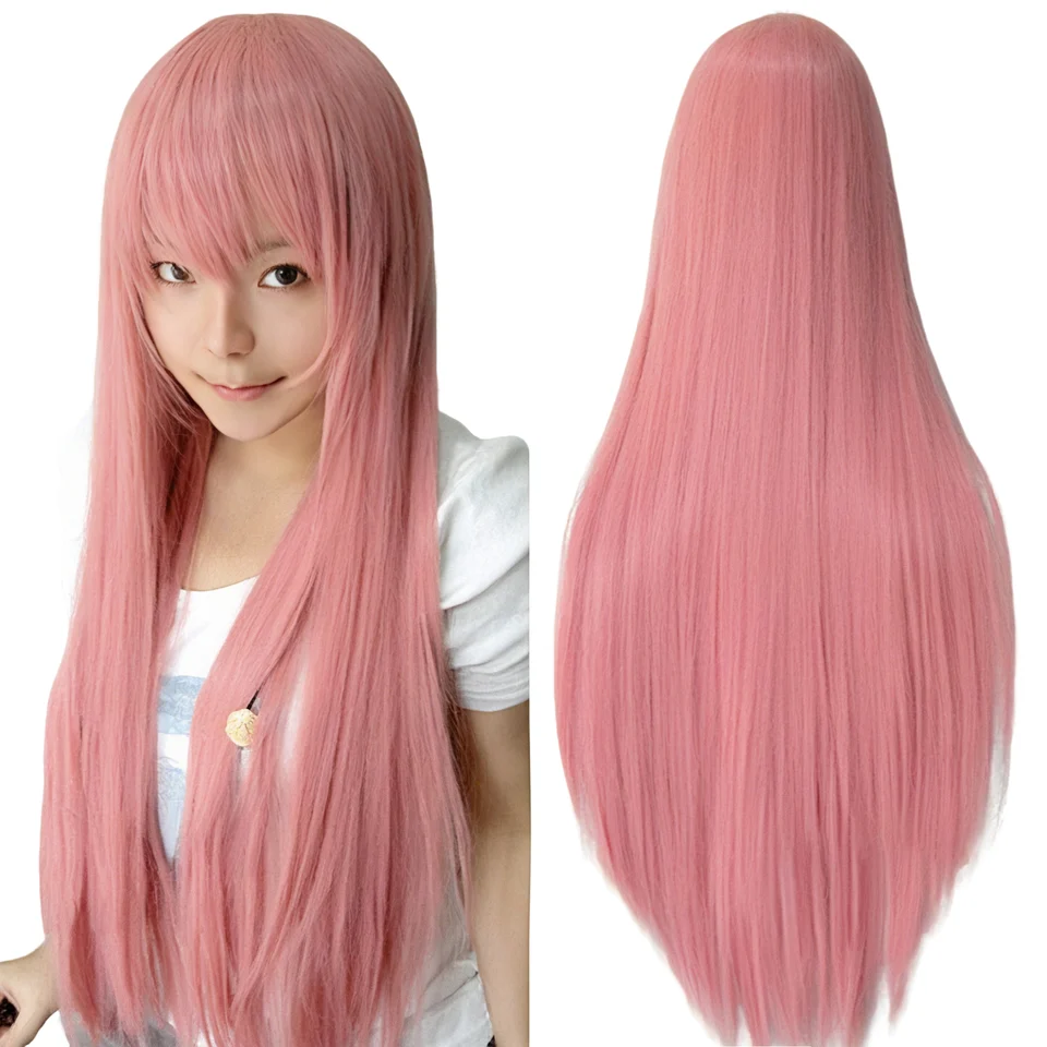 Peluca sintética lacia de 80 cm para cosplay, blanca, púrpura, verde, plateada, rosa, estilo lolita con flequillo, larga 4