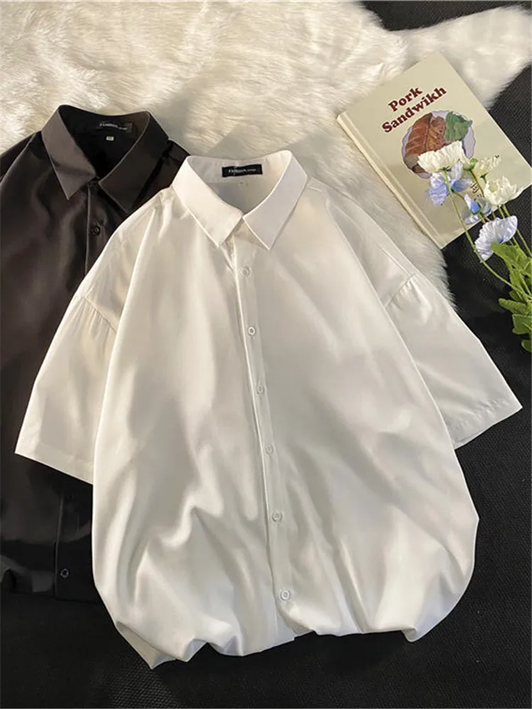 

Мужская рубашка из чистого ледяного шелка с коротким рукавом, свободного кроя, летняя, тонкая, с пуговицами, не требует глажки