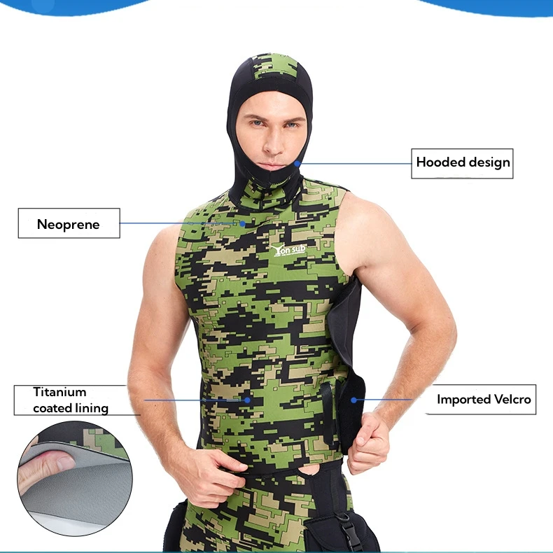 Camouflage High Elasticity Warm Diving Suit, Hooded Titanium Coated Vest And Shorts Set, Adult Men And Women Diving Equipment