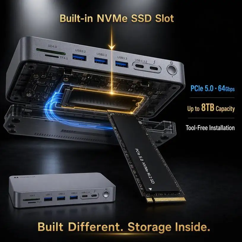 GC-B06a 15in1 Thunderbolt 5 Dock 8K120Hz HDTV DP 80Gbps 140W USB3.2 10Gbps NVMe SSD 8TB OEM Aluminum Wholesale Hot Sale