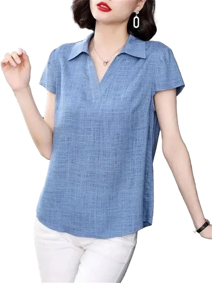 4XL Women Spring Summer Blouses Shirts Lady Fashion Casual Short Sleeve Turn-down Solid Color Blusas Tops TT2137