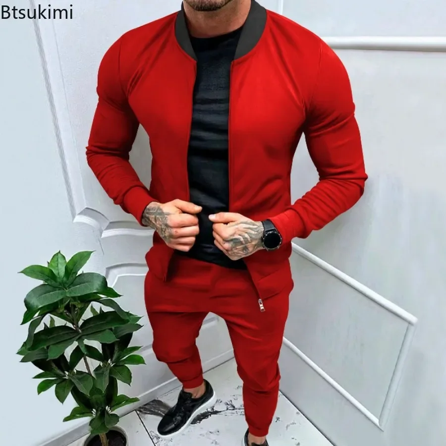 2024 Men\'s Casual 2PCS Pants Sets Solid Slim Tracksuits Sets Man Stand Collar Long Sleeve Zipper Jackets and Trousers Sets Male